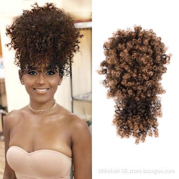 Hot Selling Brown Short Kinky Curly Chignon With Bangs Drawstring Ponytail Afro Puff Hair Pieces Synthetic Hair Bun Extensions